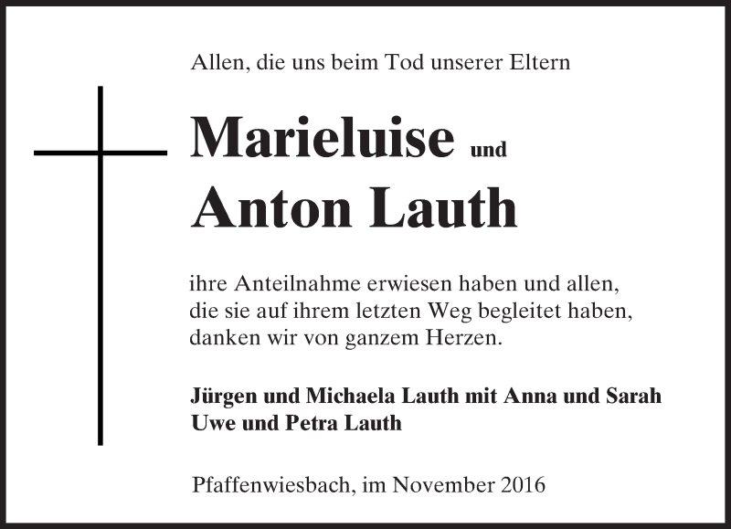  Traueranzeige für Marieluise und Anton Lauth vom 19.11.2016 aus  Usinger Anzeiger