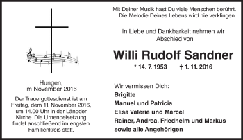 Traueranzeige von Willi Rudolf Sandner von  Gießener Anzeiger