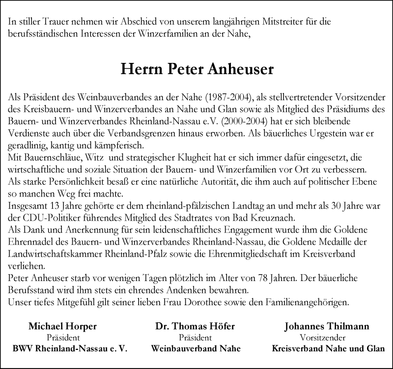  Traueranzeige für Peter Anheuser vom 05.11.2016 aus Trauerportal Rhein Main Presse