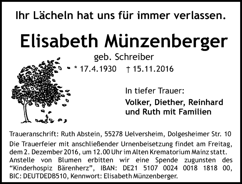  Traueranzeige für Elisabeth Münzenberger vom 26.11.2016 aus Trauerportal Rhein Main Presse