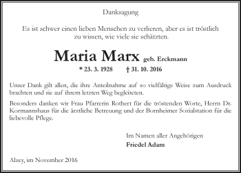 Traueranzeige von Maria Marx von Trauerportal Rhein Main Presse