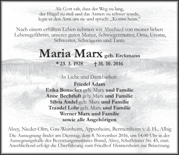 Traueranzeige von Maria Marx von Trauerportal Rhein Main Presse