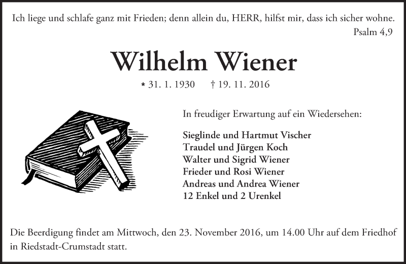  Traueranzeige für Wilhelm Wiener vom 22.11.2016 aus Trauerportal Echo Online
