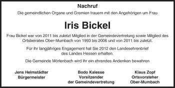 Traueranzeige von Iris Bickel von Trauerportal Echo Online