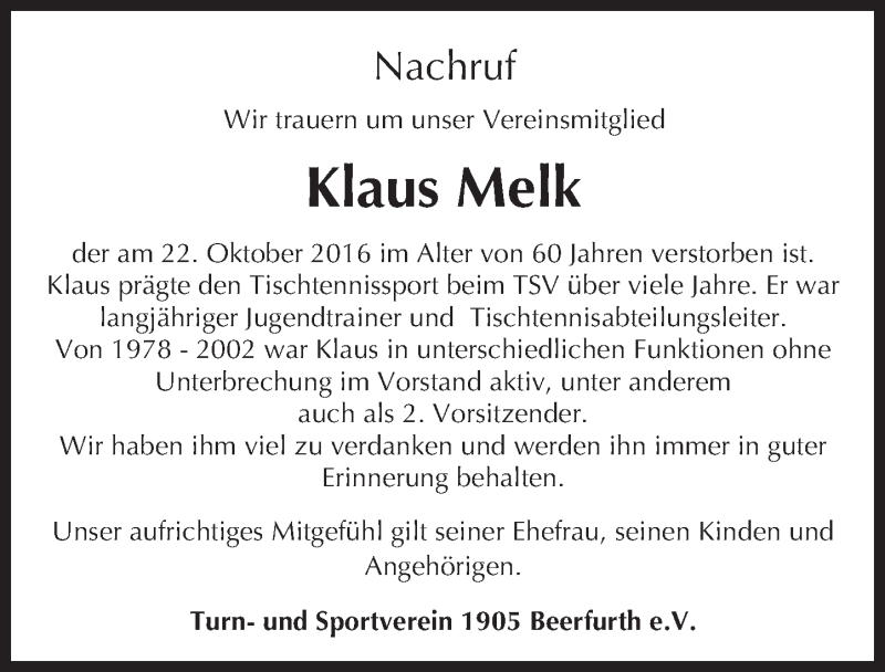  Traueranzeige für Klaus Melk vom 05.11.2016 aus Trauerportal Echo Online