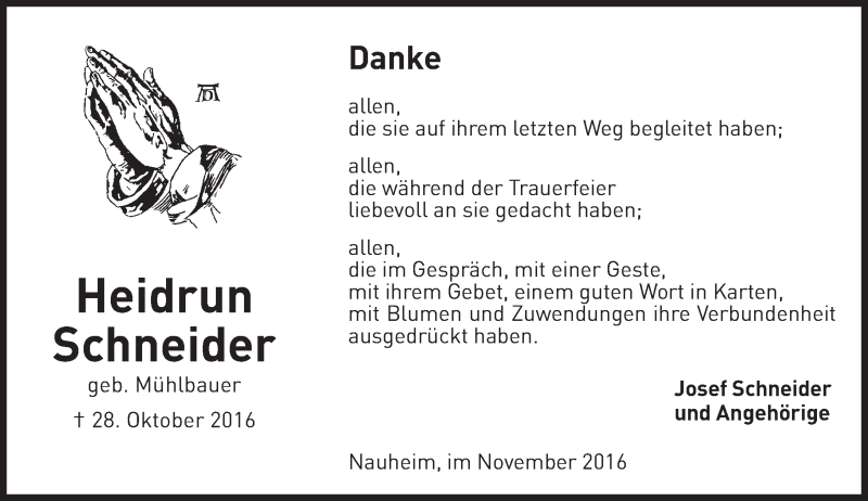  Traueranzeige für Heidrun Schneider vom 19.11.2016 aus Trauerportal Rhein Main Presse