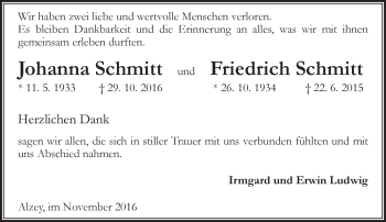 Traueranzeige von Johanna und Friedrich Schmitt von Trauerportal Rhein Main Presse