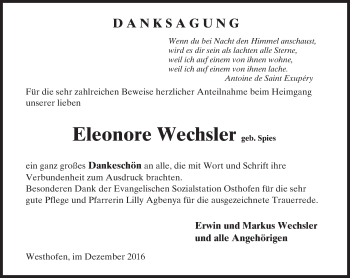 Traueranzeige von Eleonore Wechsler von Trauerportal Rhein Main Presse