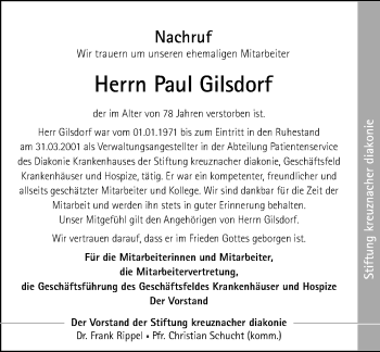 Traueranzeige von Paul Gilsdorf von Trauerportal Rhein Main Presse