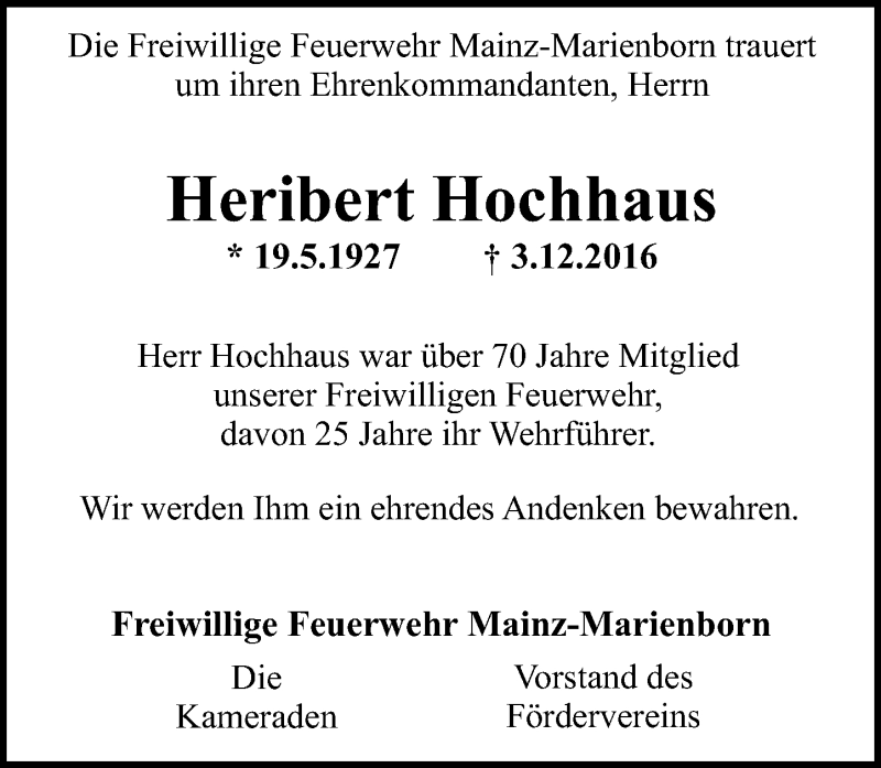  Traueranzeige für Heribert Hochhaus vom 10.12.2016 aus Trauerportal Rhein Main Presse