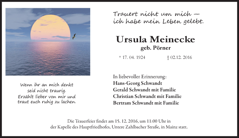  Traueranzeige für Ursula Meinecke vom 12.12.2016 aus Trauerportal Rhein Main Presse
