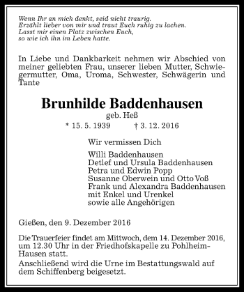 Traueranzeige von Brunhilde Baddenhausen von  Gießener Anzeiger