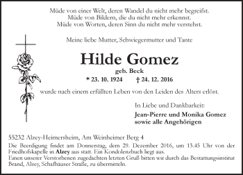 Traueranzeige von Hilde Gomez von Trauerportal Rhein Main Presse