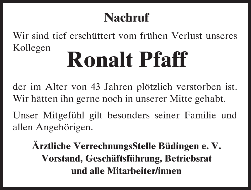  Traueranzeige für Ronalt Pfaff vom 24.12.2016 aus  Kreisanzeiger