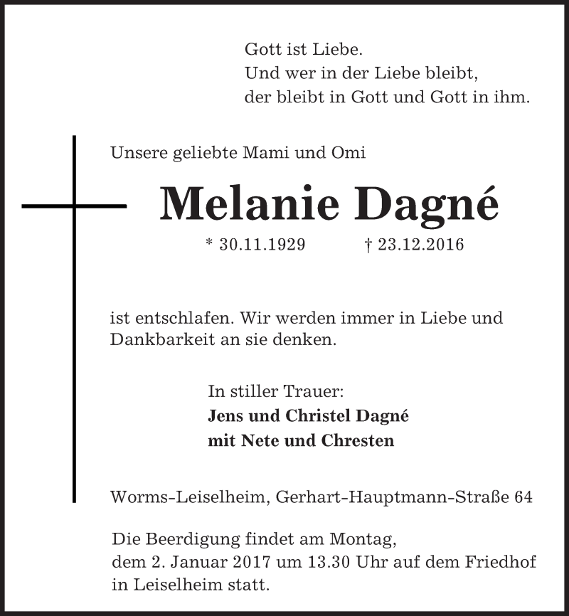  Traueranzeige für Melanie Dagnè vom 30.12.2016 aus Trauerportal Rhein Main Presse