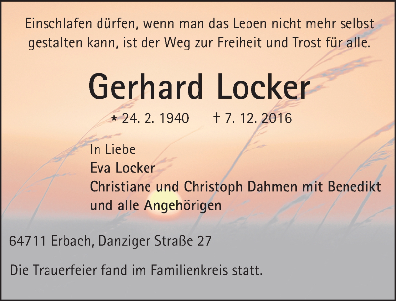  Traueranzeige für Gerhard Locker vom 23.12.2016 aus Trauerportal Echo Online