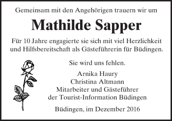 Traueranzeige von Mathilde Sapper von  Kreisanzeiger