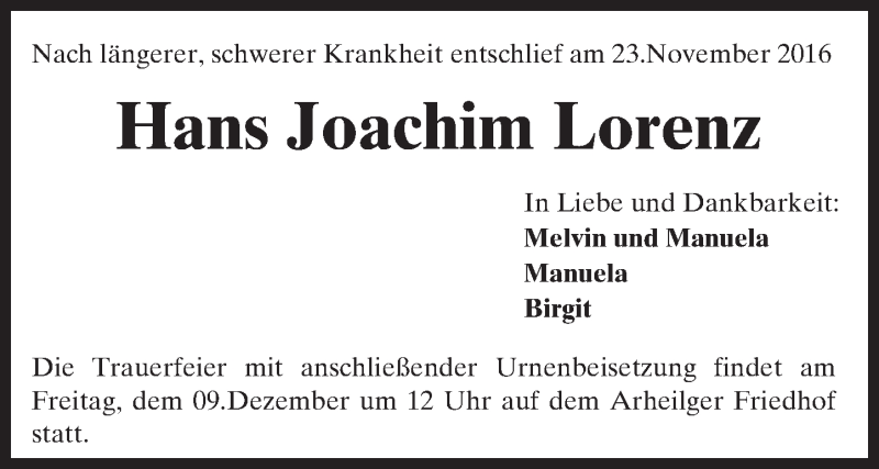  Traueranzeige für Hans Joachim Lorenz vom 03.12.2016 aus Trauerportal Echo Online
