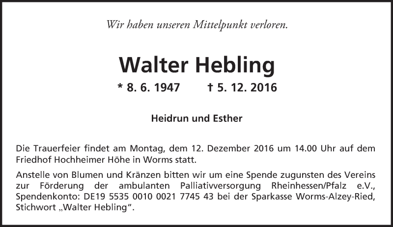  Traueranzeige für Walter Hebling vom 09.12.2016 aus Trauerportal Rhein Main Presse