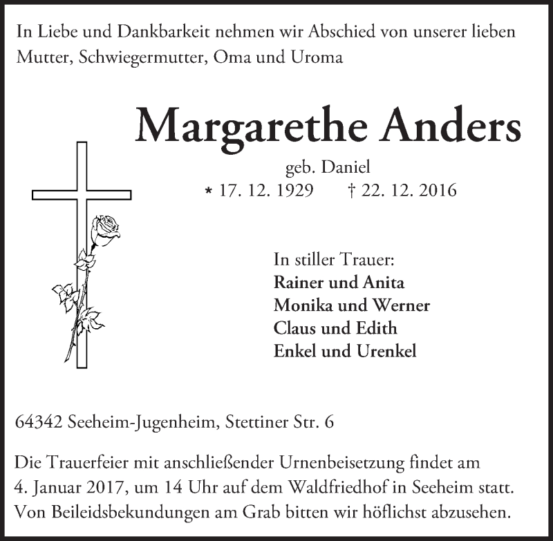 Traueranzeige für Margarethe Anders vom 30.12.2016 aus Trauerportal Echo Online