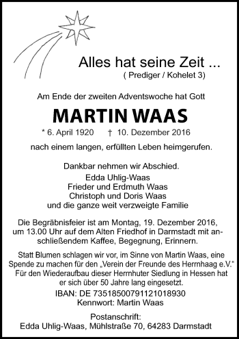 Traueranzeige von Martin Waas von Trauerportal Echo Online