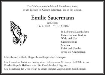 Traueranzeige von Emilie Sauermann von Trauerportal Rhein Main Presse