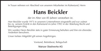 Traueranzeige von Hans Beickler von Trauerportal Rhein Main Presse
