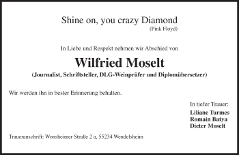 Traueranzeige von Wilfried Moselt von Trauerportal Rhein Main Presse