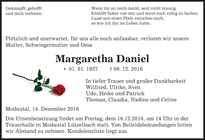  Traueranzeige für Margaretha Daniel vom 14.12.2016 aus Trauerportal Echo Online