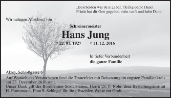Traueranzeige von Hans Jung von Trauerportal Rhein Main Presse