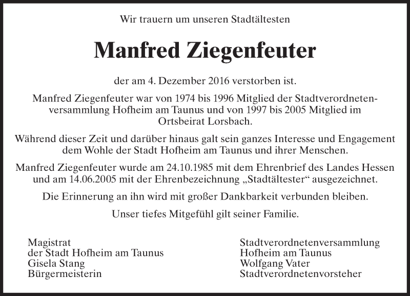  Traueranzeige für Manfred Ziegenfeuter vom 09.12.2016 aus Trauerportal Rhein Main Presse
