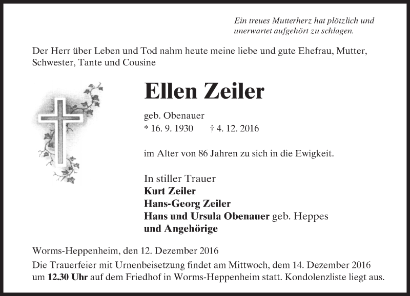  Traueranzeige für Ellen Zeiler vom 12.12.2016 aus Trauerportal Rhein Main Presse