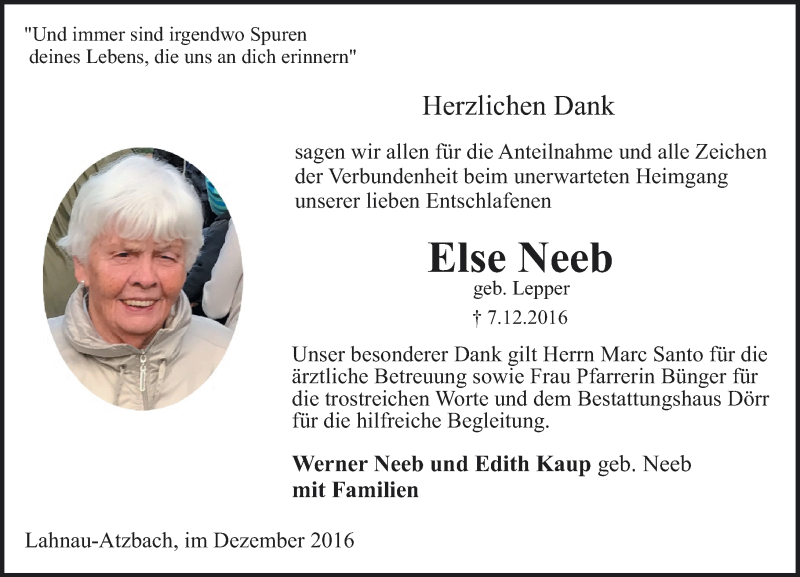  Traueranzeige für Else Neeb vom 31.12.2016 aus  Gießener Anzeiger