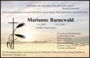 Traueranzeige von Marianne Barnewald von Trauerportal Echo Online