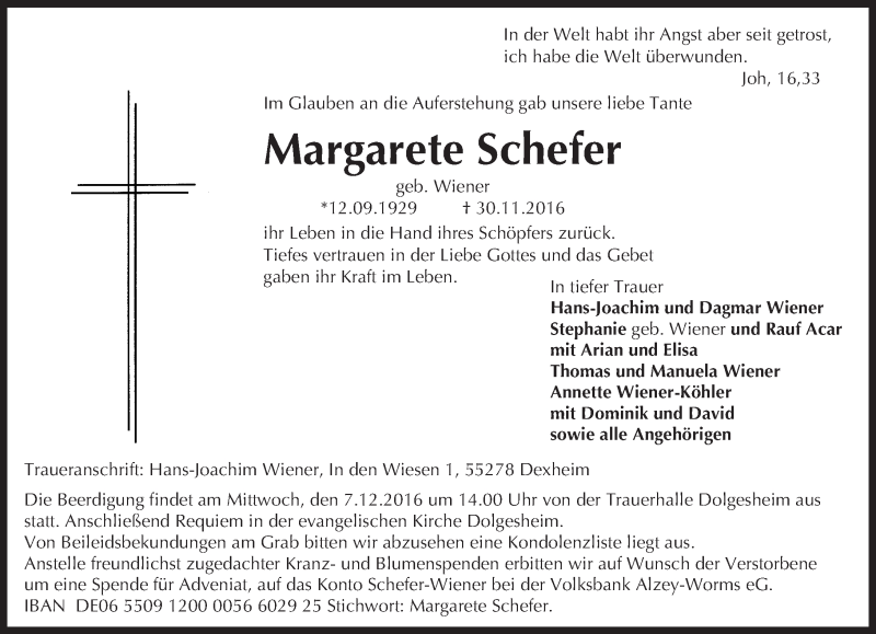  Traueranzeige für Margarete Schefer vom 05.12.2016 aus Trauerportal Rhein Main Presse