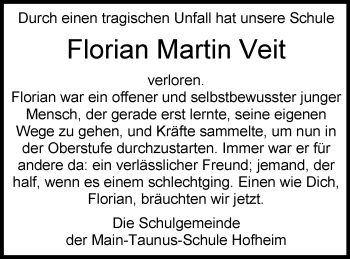 Traueranzeige von Florian Martin Veit von Trauerportal Rhein Main Presse