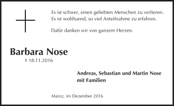 Traueranzeige von Barbara Nose von Trauerportal Rhein Main Presse