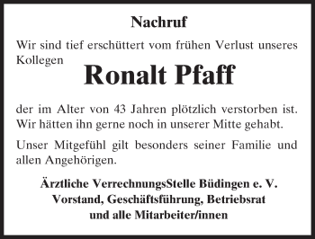 Traueranzeige von Ronalt Pfaff von  Kreisanzeiger