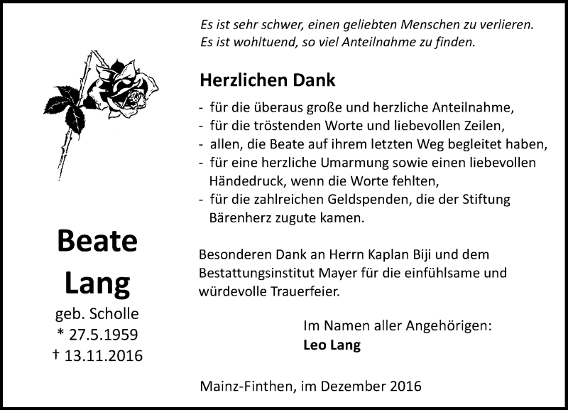  Traueranzeige für Beate Lang vom 17.12.2016 aus Trauerportal Rhein Main Presse