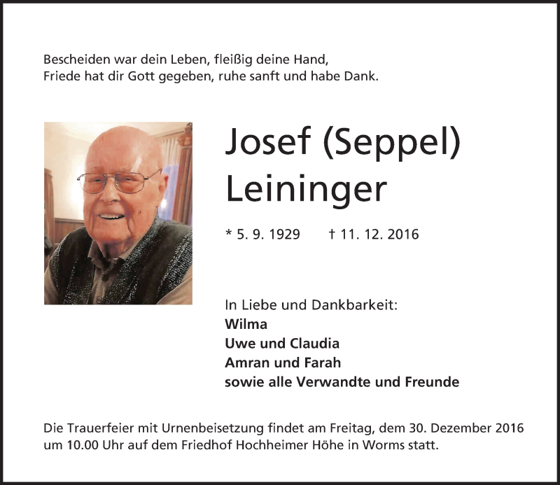  Traueranzeige für Josef Leininger vom 28.12.2016 aus Trauerportal Rhein Main Presse