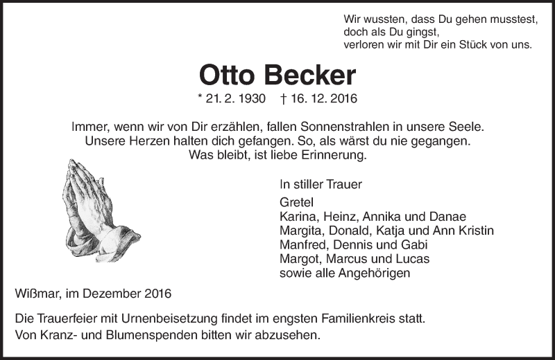  Traueranzeige für Otto Becker vom 20.12.2016 aus  Gießener Anzeiger