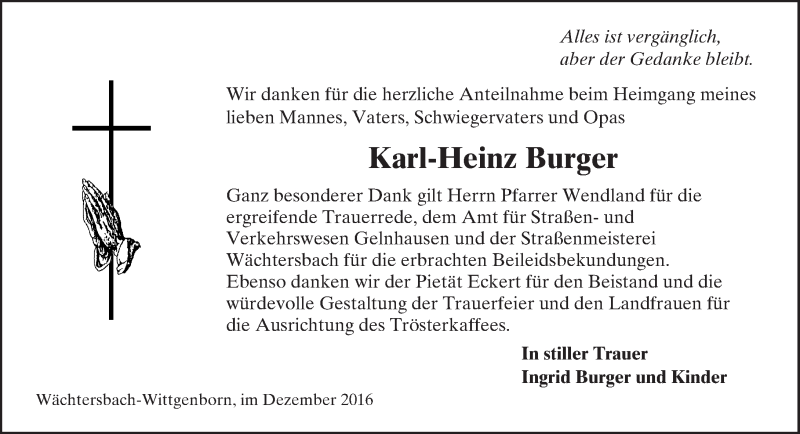  Traueranzeige für Karl-Heinz Burger vom 17.12.2016 aus  Gelnhäuser Tageblatt