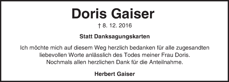  Traueranzeige für Doris Gaiser vom 31.12.2016 aus  Kreisanzeiger