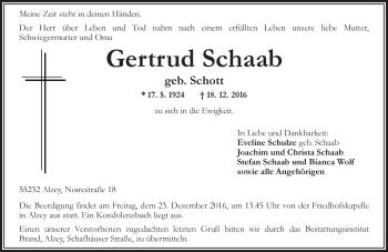 Traueranzeige von Gertrud Schaab von Trauerportal Rhein Main Presse