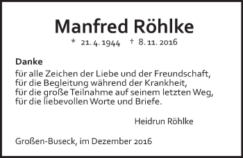 Traueranzeige von Manfred Röhlke von  Gießener Anzeiger