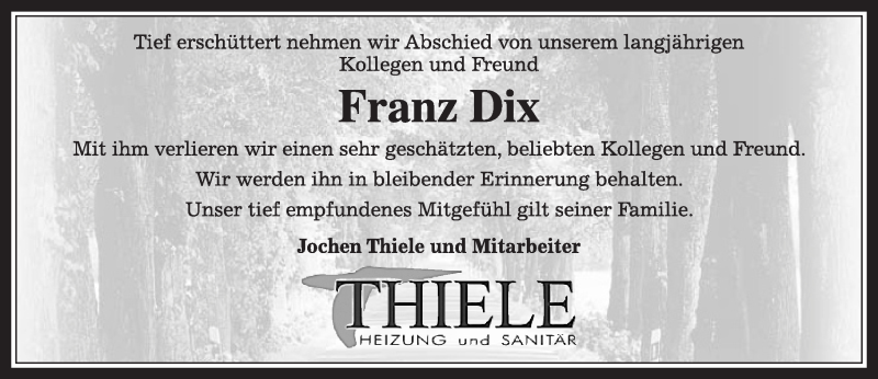  Traueranzeige für Frank Dix vom 03.12.2016 aus  Gießener Anzeiger