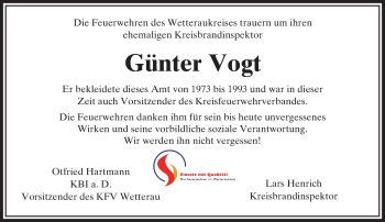 Traueranzeige von Günter Vogt von  Kreisanzeiger