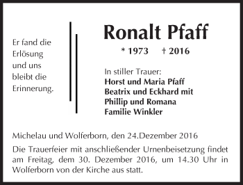 Traueranzeige von Ronalt Pfaff von  Kreisanzeiger