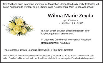 Traueranzeige von Wilma Marie Zeyda von Trauerportal Echo Online