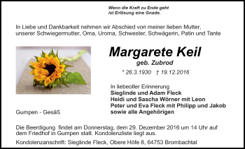 Traueranzeige von Margarete Keil von Trauerportal Echo Online